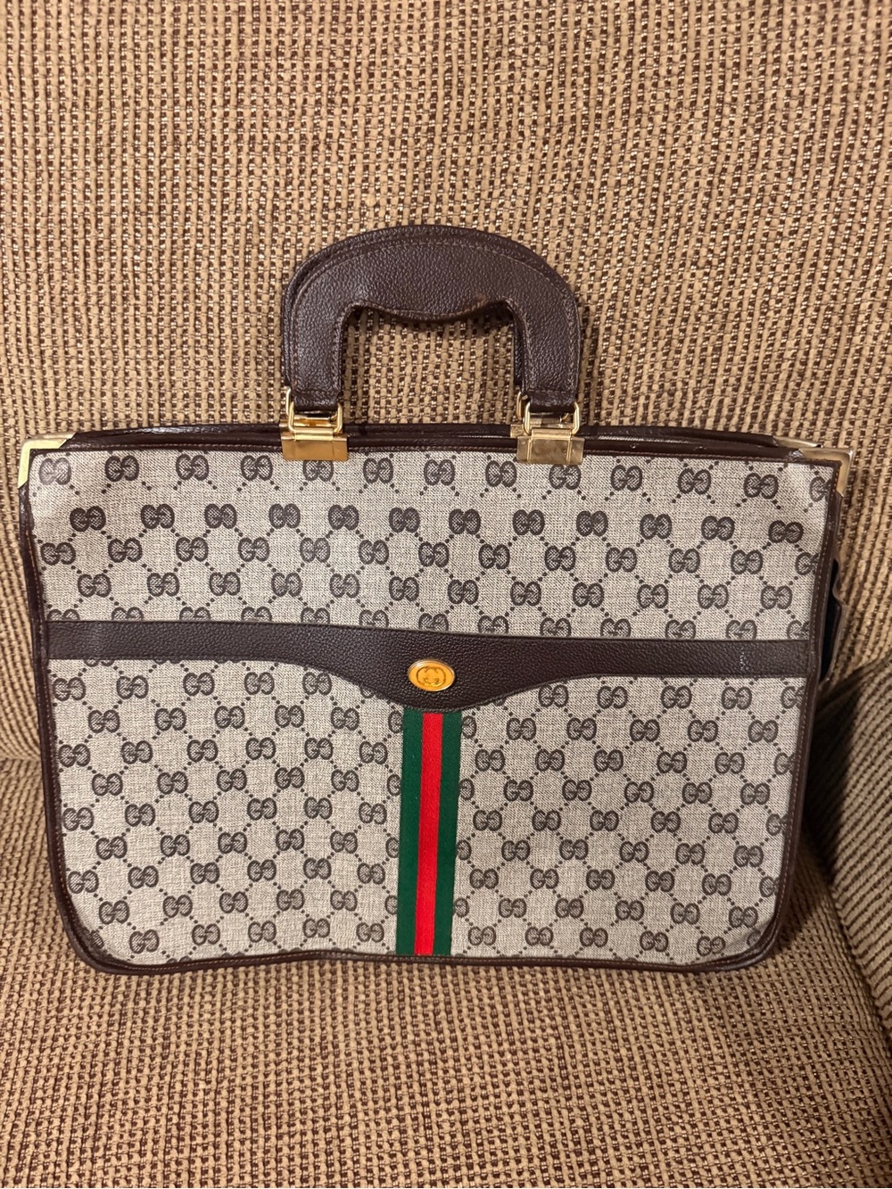 Gucci Beige GG Supreme Briefcase with Brown Trim and Green-Red Web